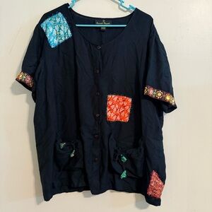 Sacred Threads Patchwork Boho Retro Black Top Women’s Size Large